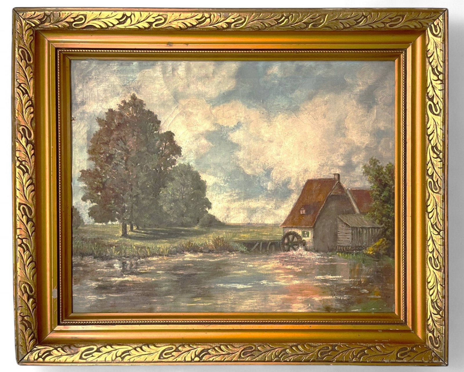 Landscape with Water Mill and River - vintage painting - the forties
